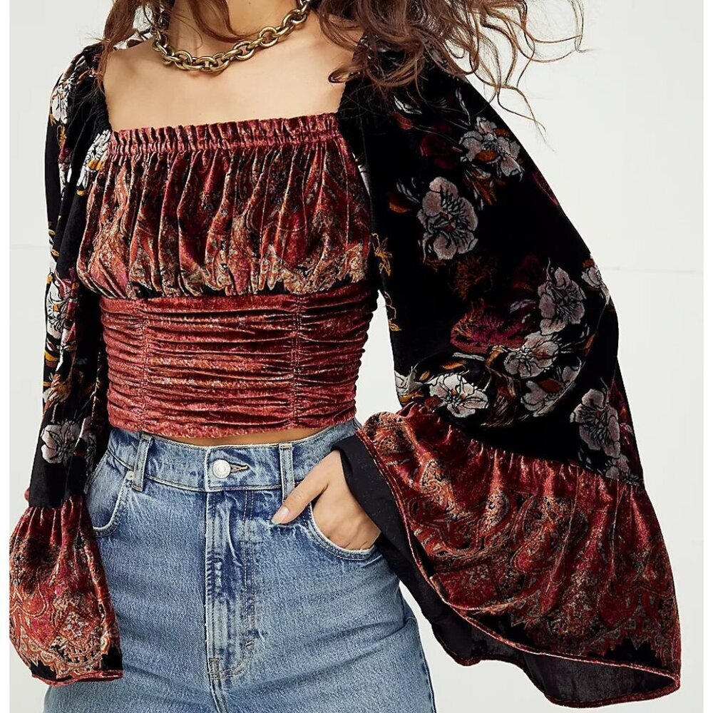 Free People Catching Feelings Velvet Crop Top Boho Stretch Whimsigoth Medium